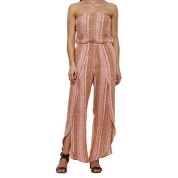 Anthropologie Drew Pink Tan Stripe Linen Blend Strapless Jumpsuit Size Small - Picture 1 of 7